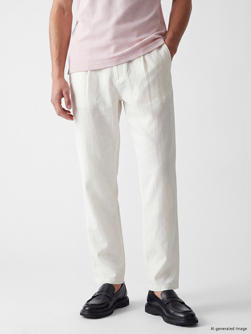 Beyaz Regular Fit Erkek Pileli Pantolon