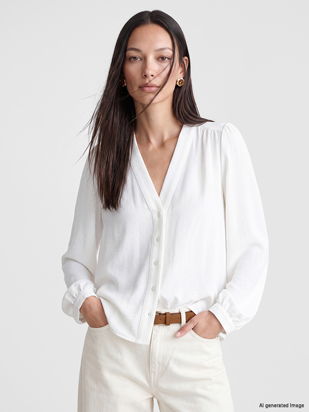 V Neck Gathered Detail Women's Blouse