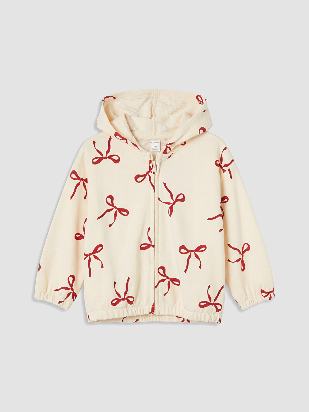 Ekru Kapüşonlu Desenli Kız Çocuk Fermuarlı Sweatshirt