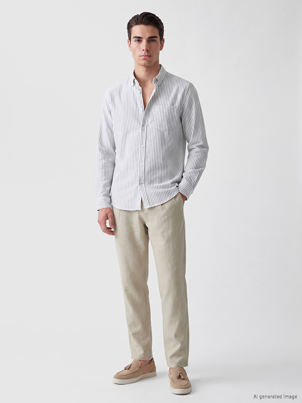Yeşil Regular Fit Çizgili Oxford Erkek Gömlek-1