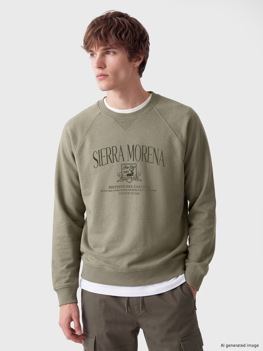 Haki Bisiklet Yaka Baskılı Erkek Sweatshirt