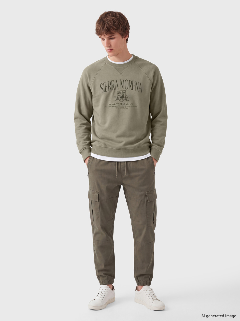 Haki Bisiklet Yaka Baskılı Erkek Sweatshirt-1