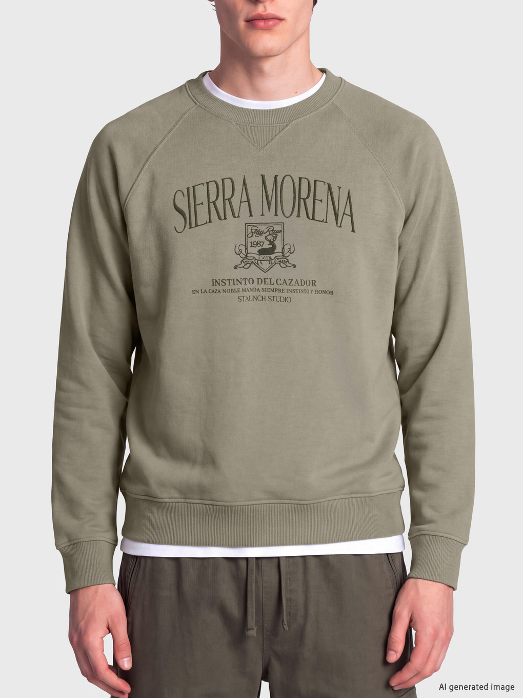Haki Bisiklet Yaka Baskılı Erkek Sweatshirt-2