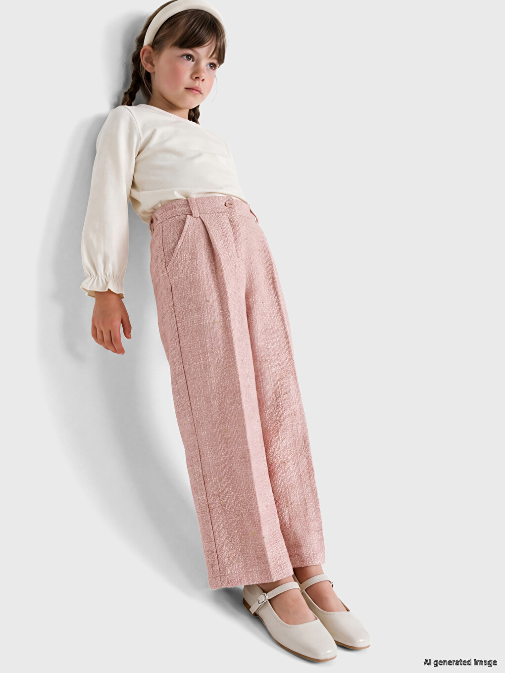 Pembe Beli Lastikli Kız Çocuk Gabardin Pantolon