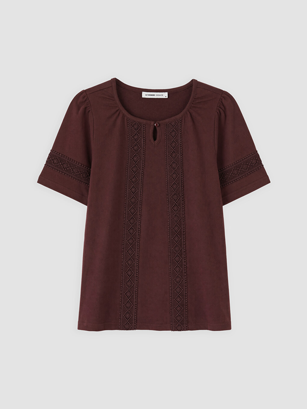 Crew Neck Embroidered Gathered Blouse-4