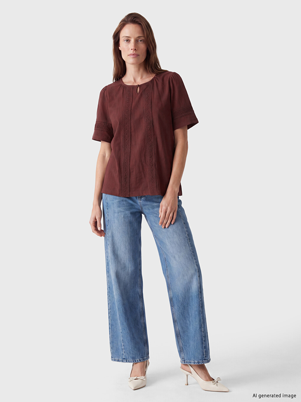 Crew Neck Embroidered Gathered Blouse-1