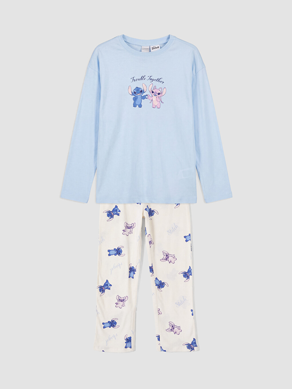 Mavi Stitch Ve Angel Baskılı Kız Çocuk Pijama Takım