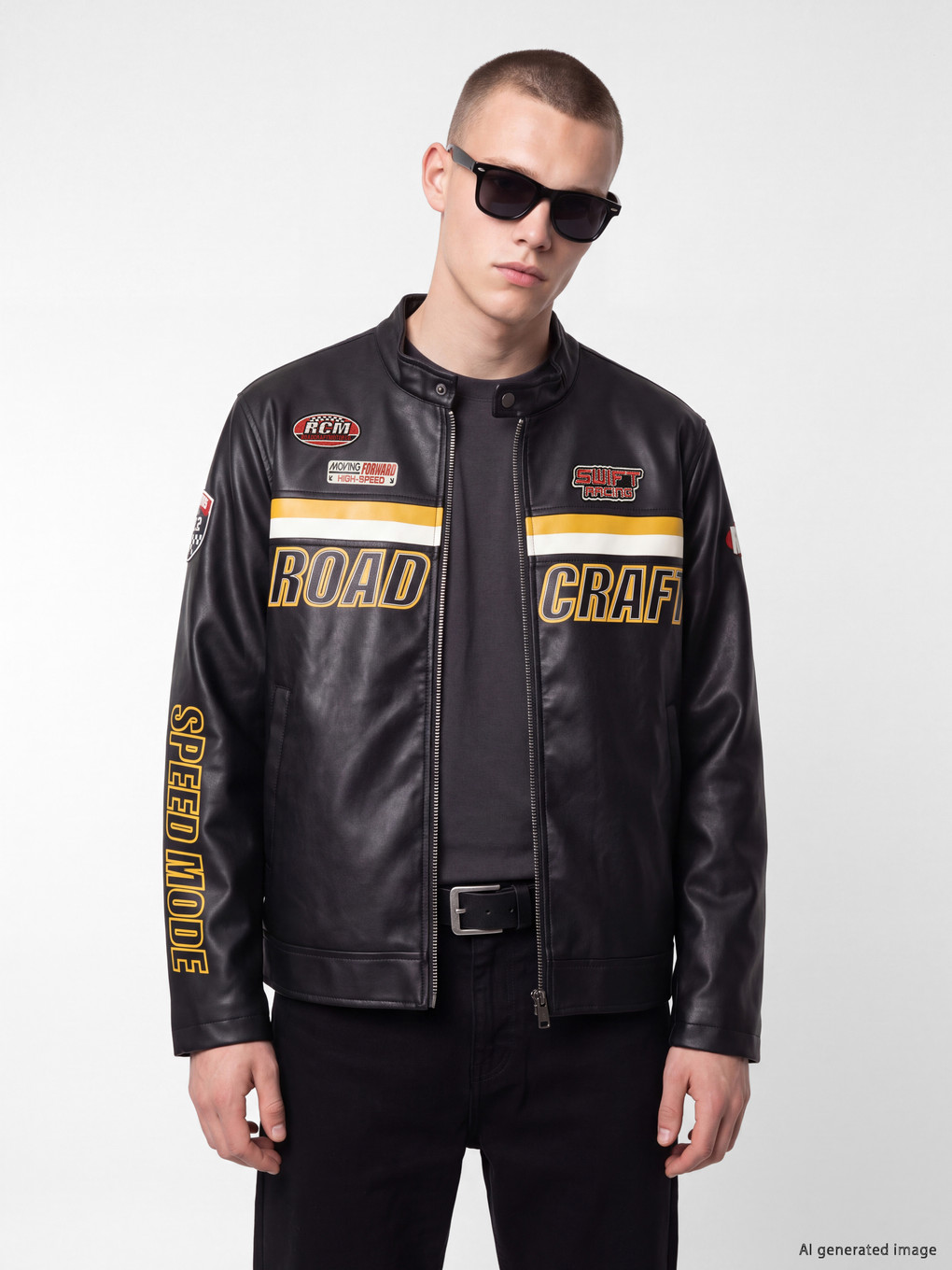 Man Black Faux Leather Coat