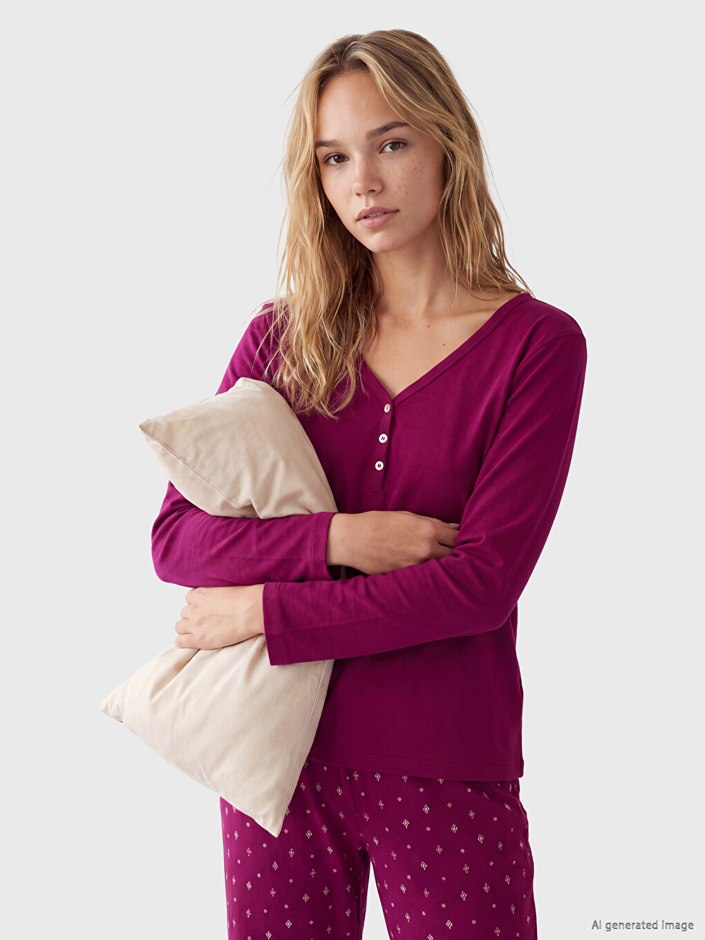 Kırmızı V Yaka Baskılı Kadın Pijama Takımı-1