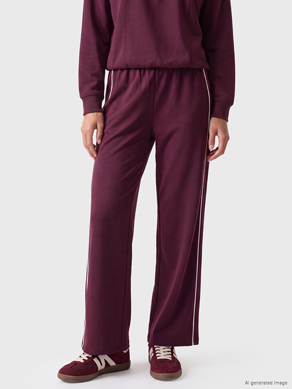 Bordo Şeritli Soft Touch Kadın Eşofman Altı-1