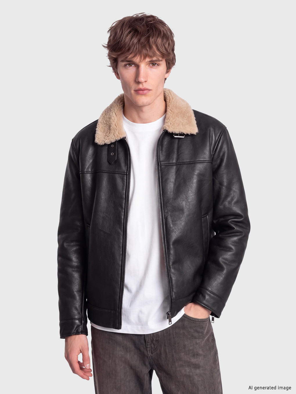 Fur Collar Men's Leather Look Coat