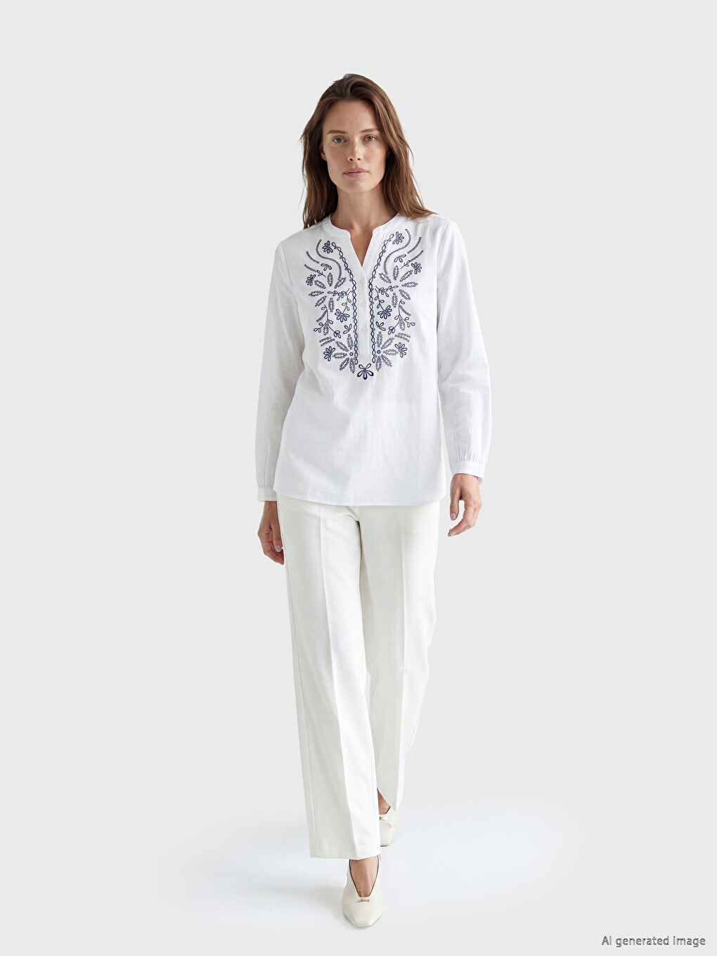 Notch Neck 100% Cotton Patterned Blouse-3