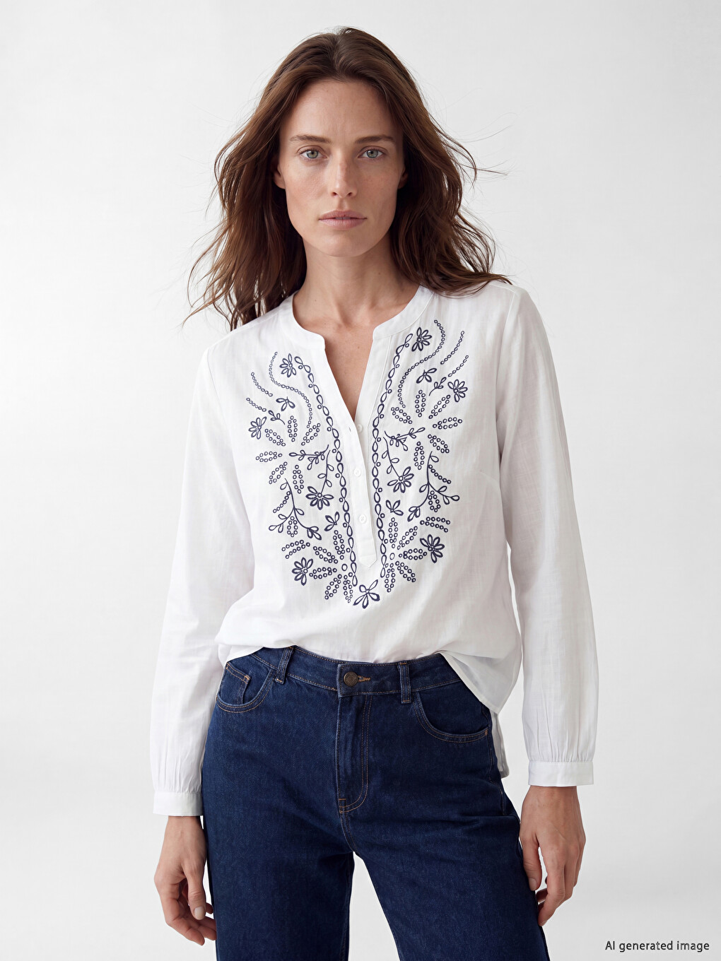 Notch Neck 100% Cotton Patterned Blouse-1