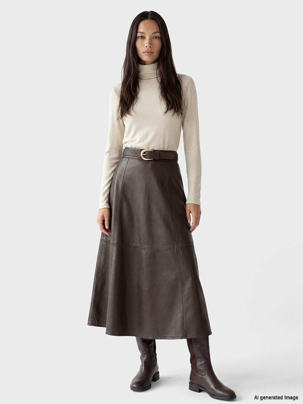 Zippered Leather Look Flared Skirt-1