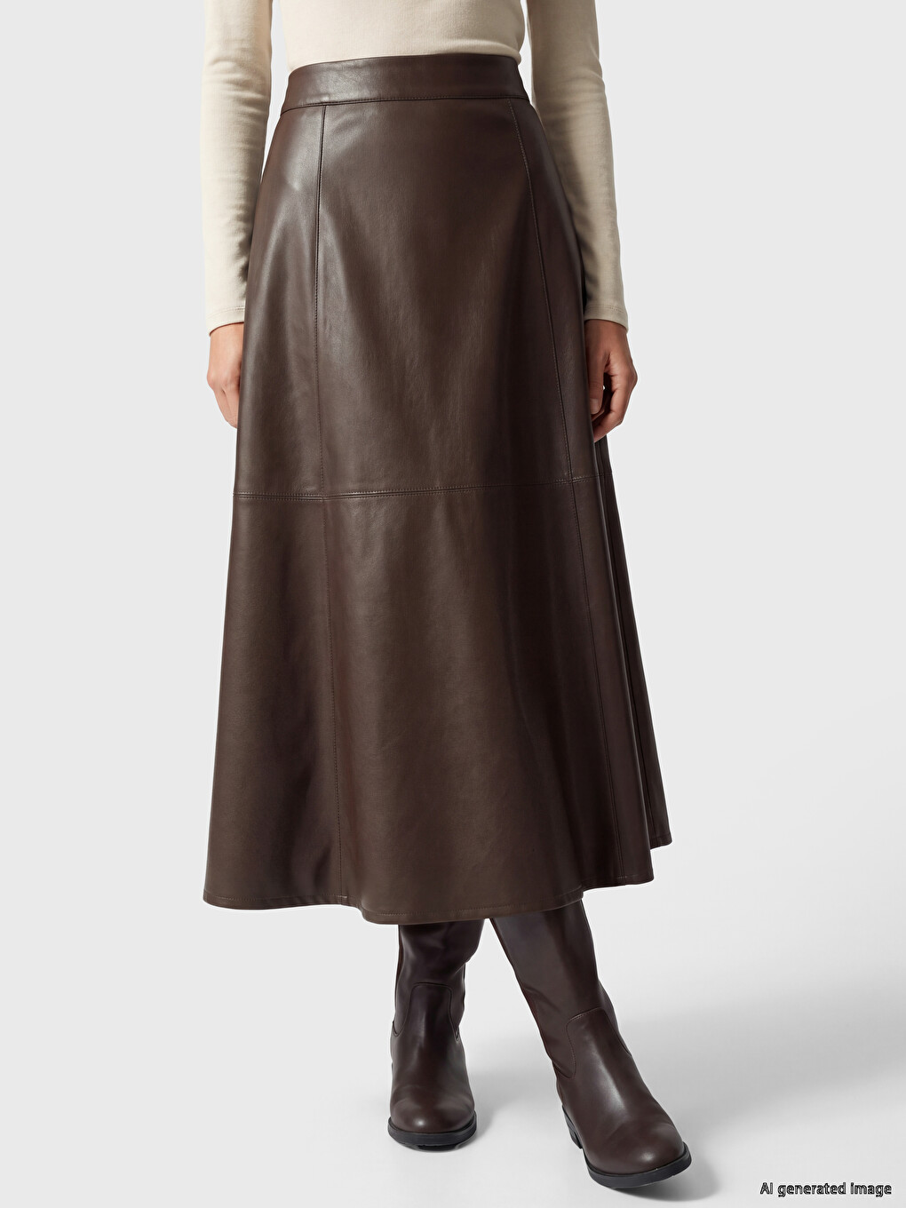Zippered Leather Look Flared Skirt-2