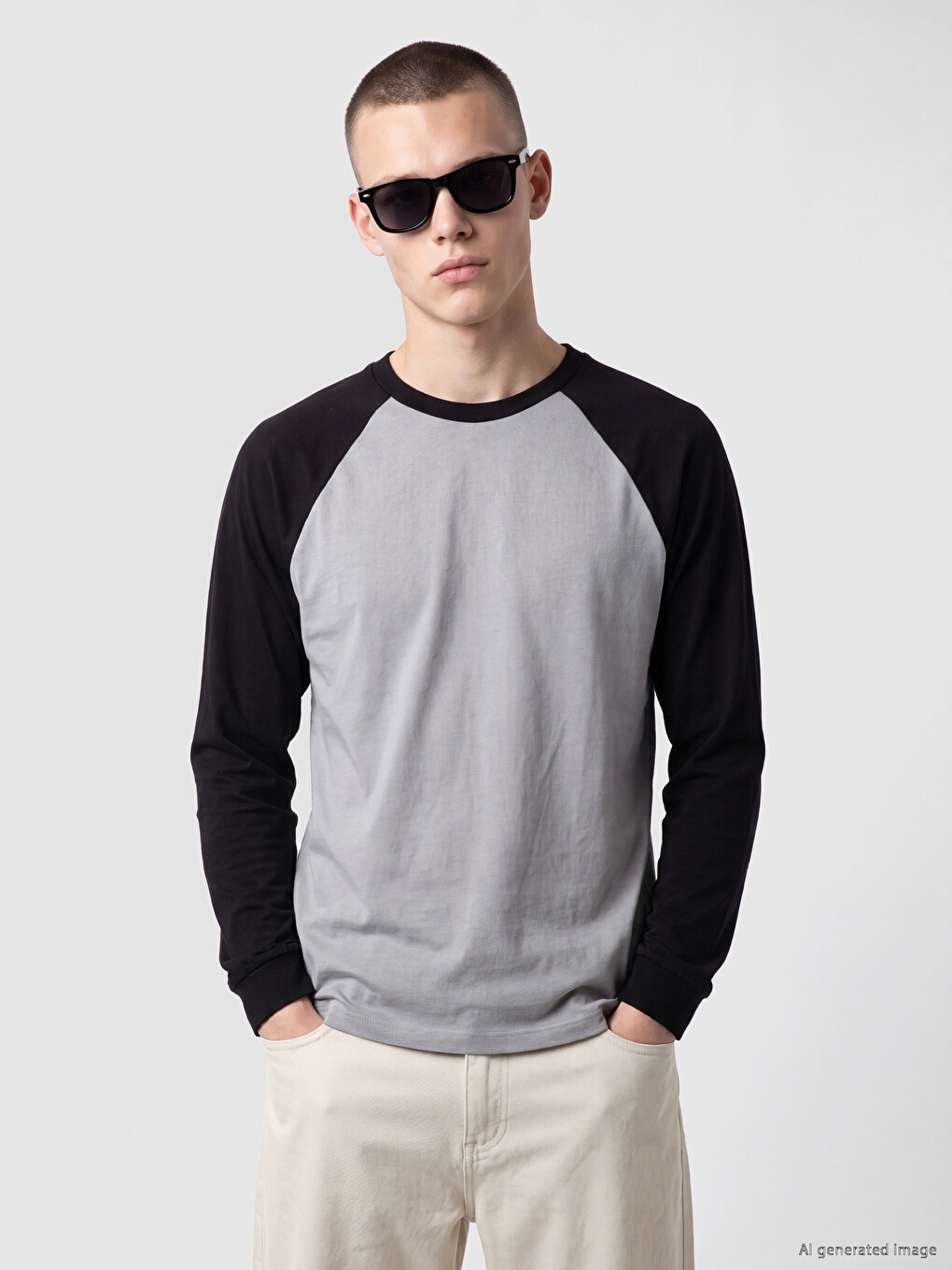Gri Bisiklet Yaka Reglan Kol Erkek Sweatshirt