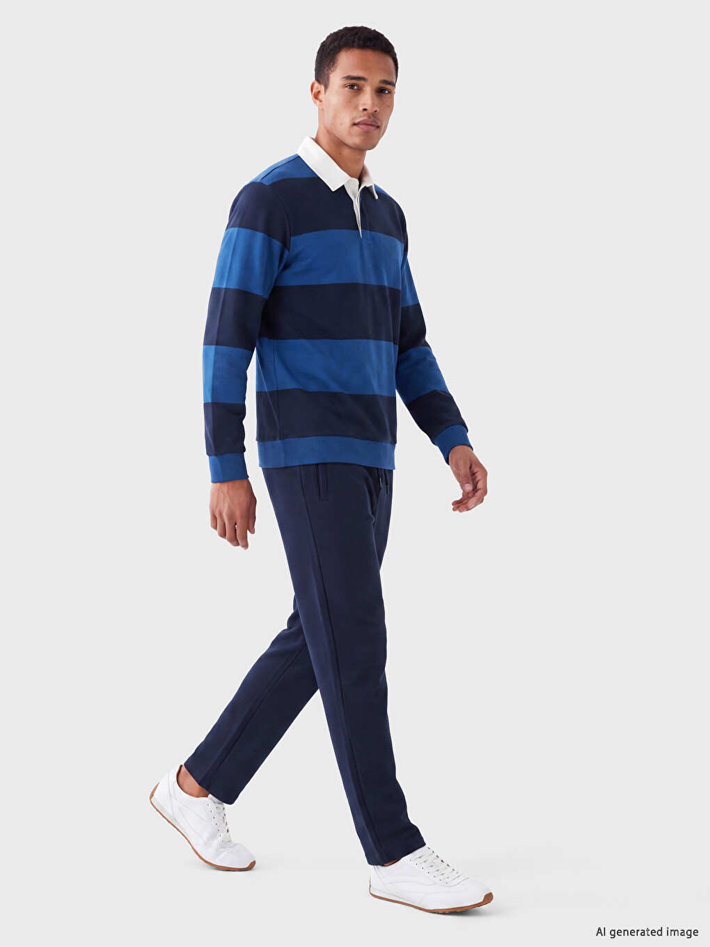 Mavi Polo Yaka Çizgili Erkek Sweatshirt-1