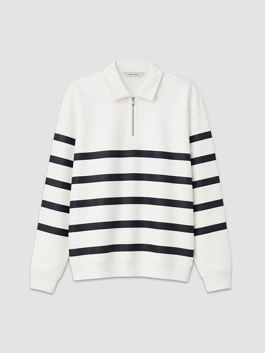 Beyaz Polo Yaka Çizgili Erkek Sweatshirt