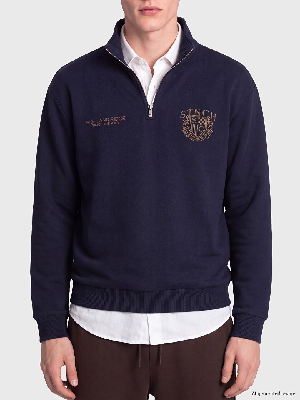 Lacivert Dik Yaka Nakışlı Erkek Sweatshirt-2