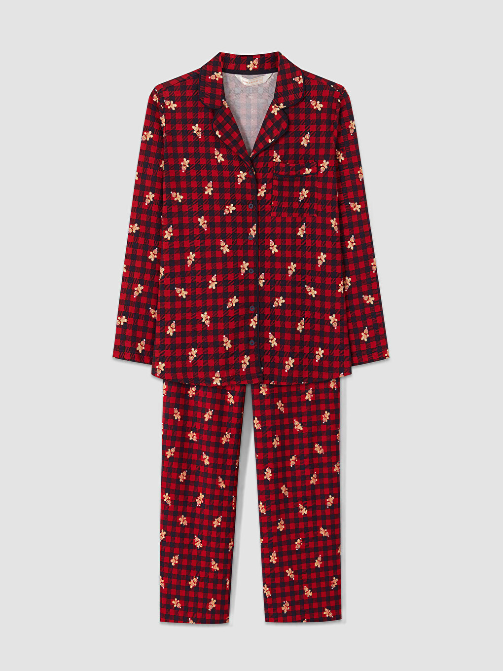 Kırmızı Gömlek Yaka Desenli Kadın Pijama Takım