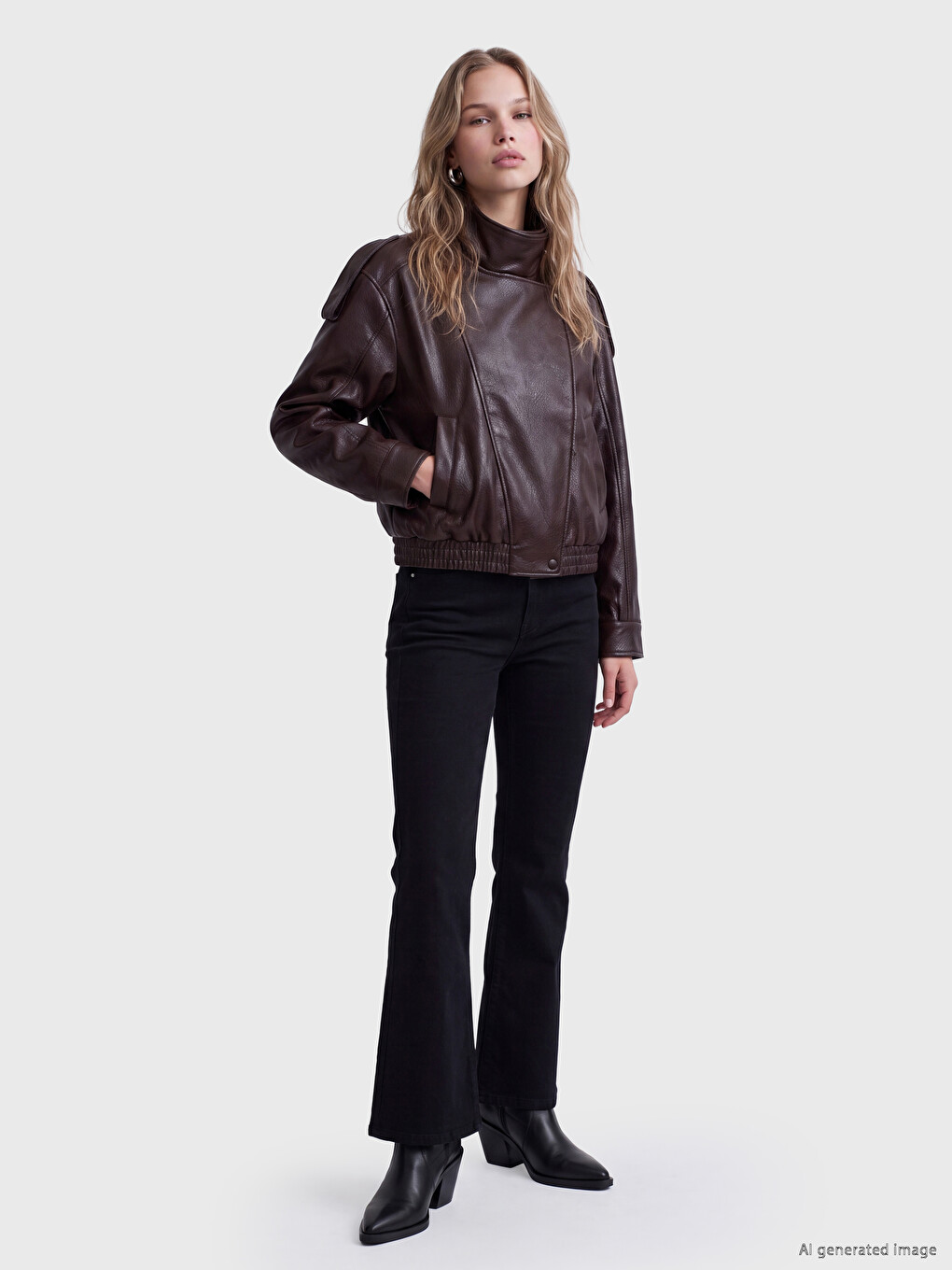 Mock Neck Oversize Women's Faux Leather Jacket-1
