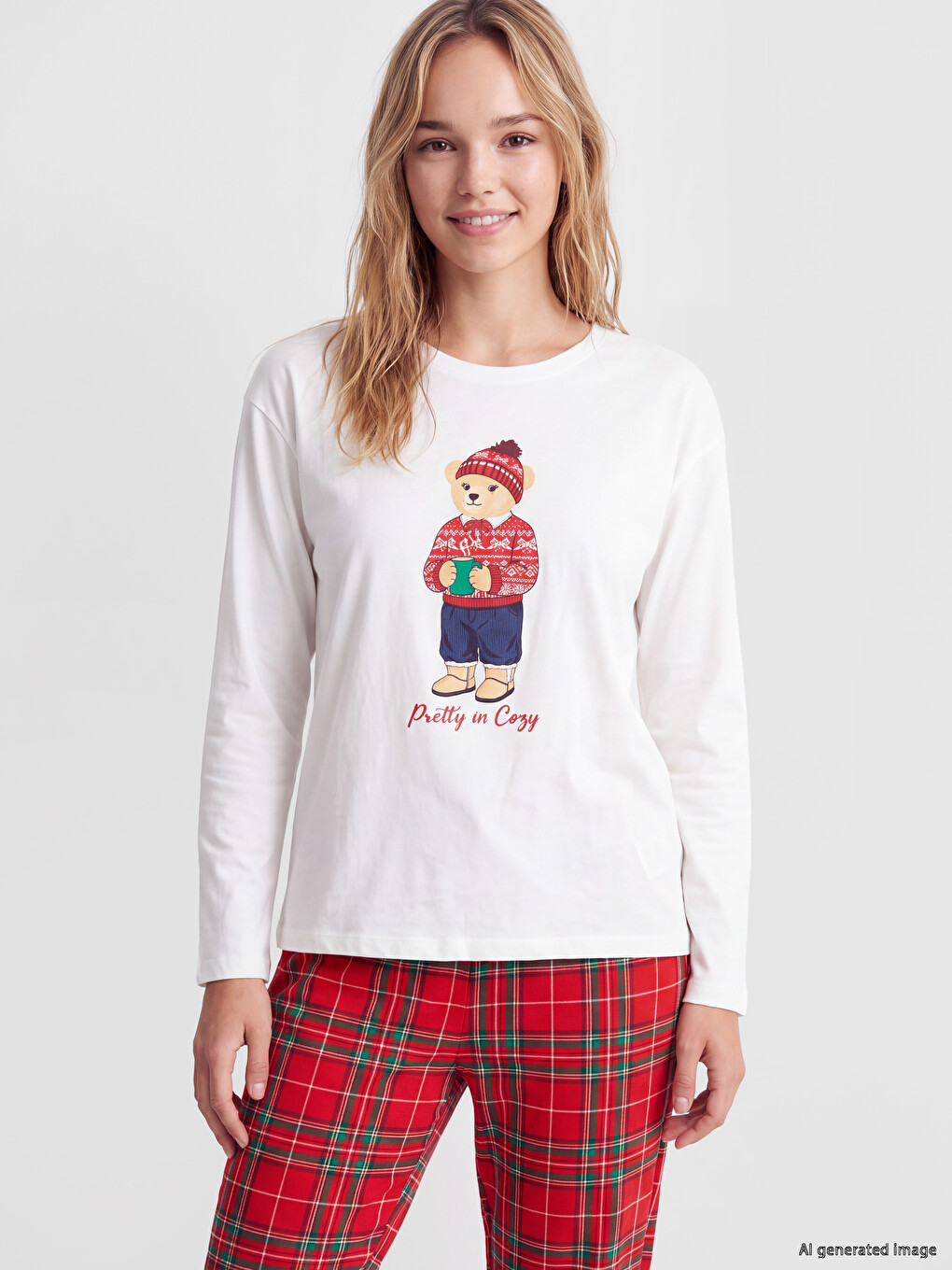 Kırmızı Bisiklet Yaka Kadın Pijama Takımı-1