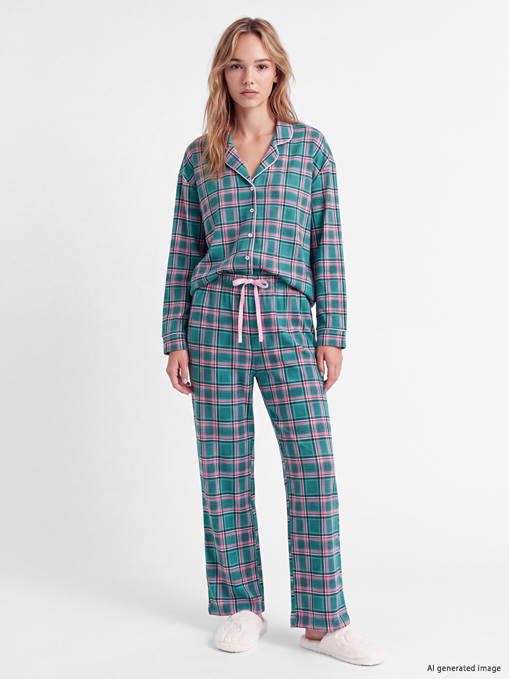 Shirt Collar Plaid Women's Pyjamas Set