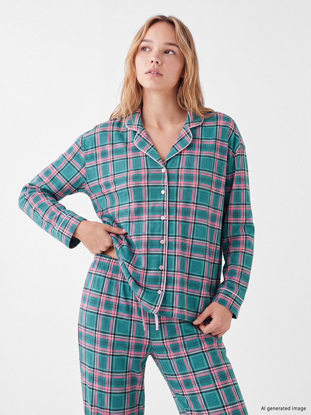 Shirt Collar Plaid Women's Pyjamas Set-1