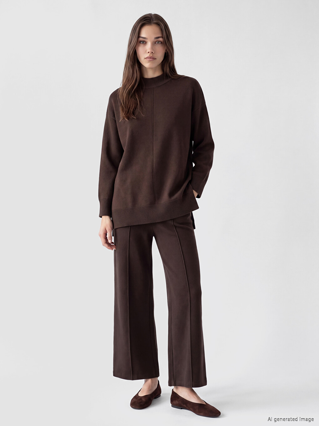 Kahverengi Yarım Balıkçı Yaka Kadın Oversize Triko Tunik-1
