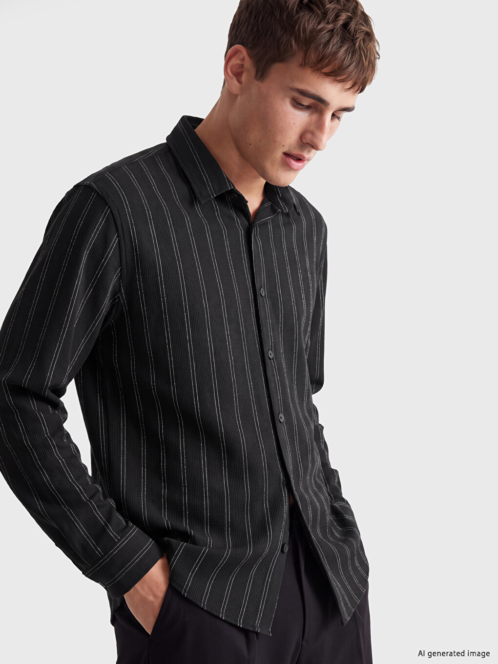 Siyah Slim Fit Çizgili Erkek Gömlek