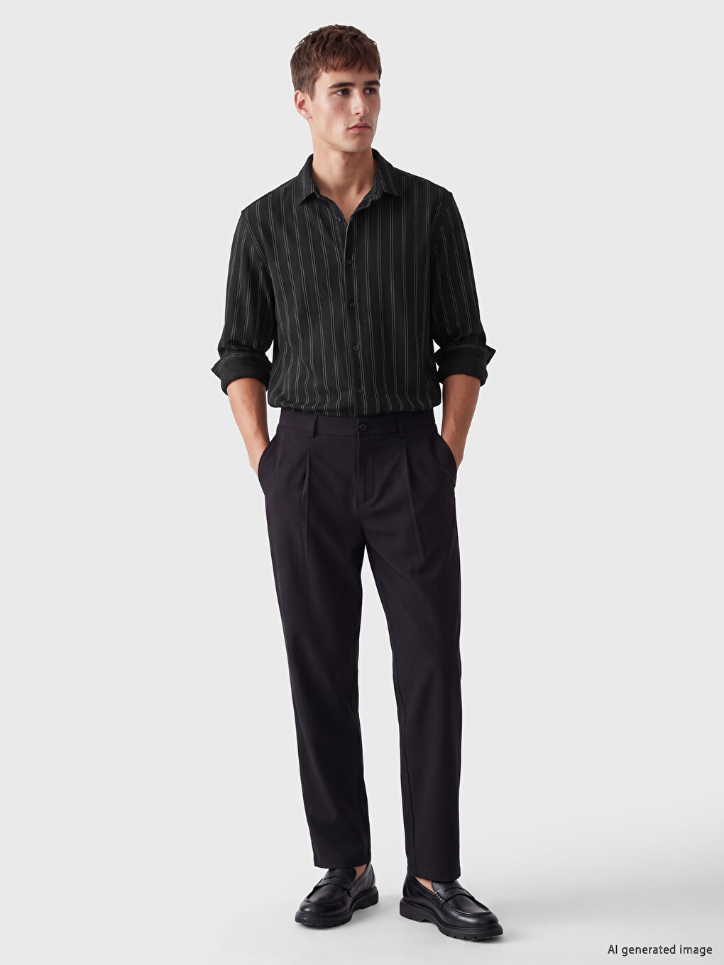Siyah Slim Fit Çizgili Erkek Gömlek-1