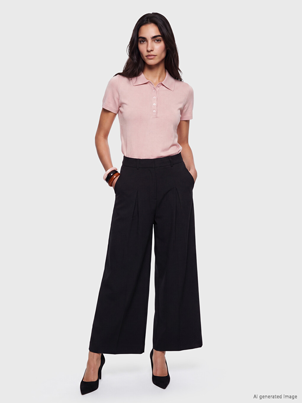 Pembe Polo Yaka Kadın Triko Kazak-1