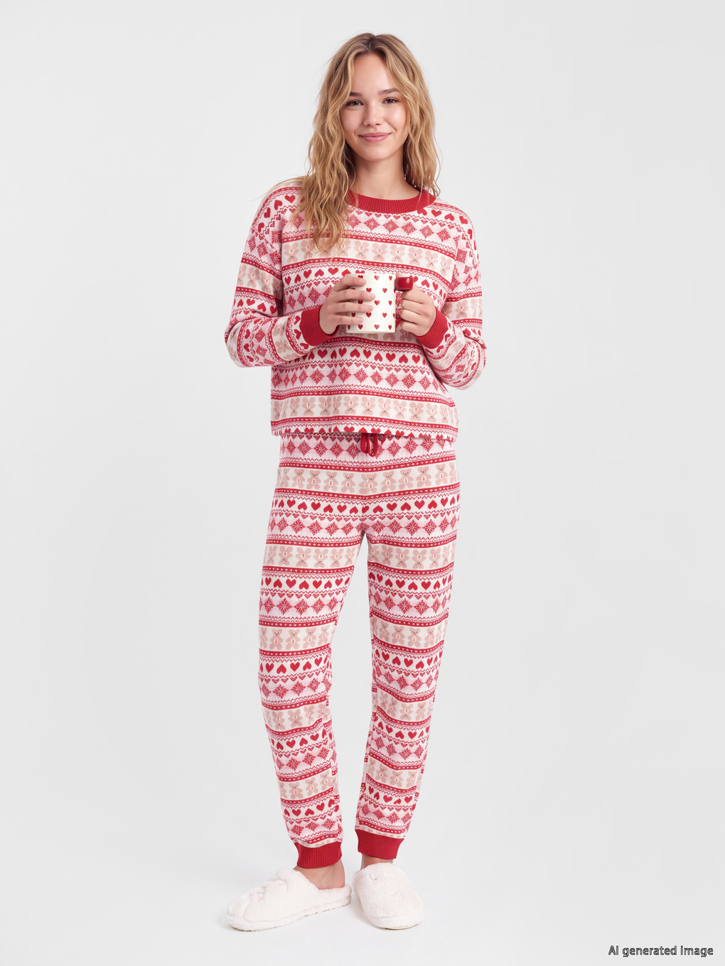 Pembe Yılbaşı Temalı Kadın Pijama Takım