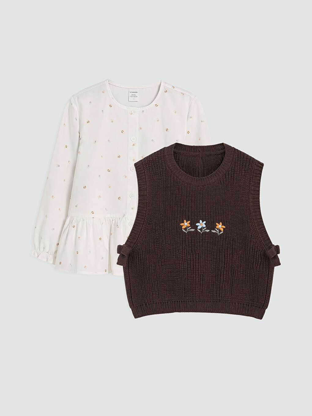 Girls' Embroidered Knitwear Sweater Vest And Shirt Set