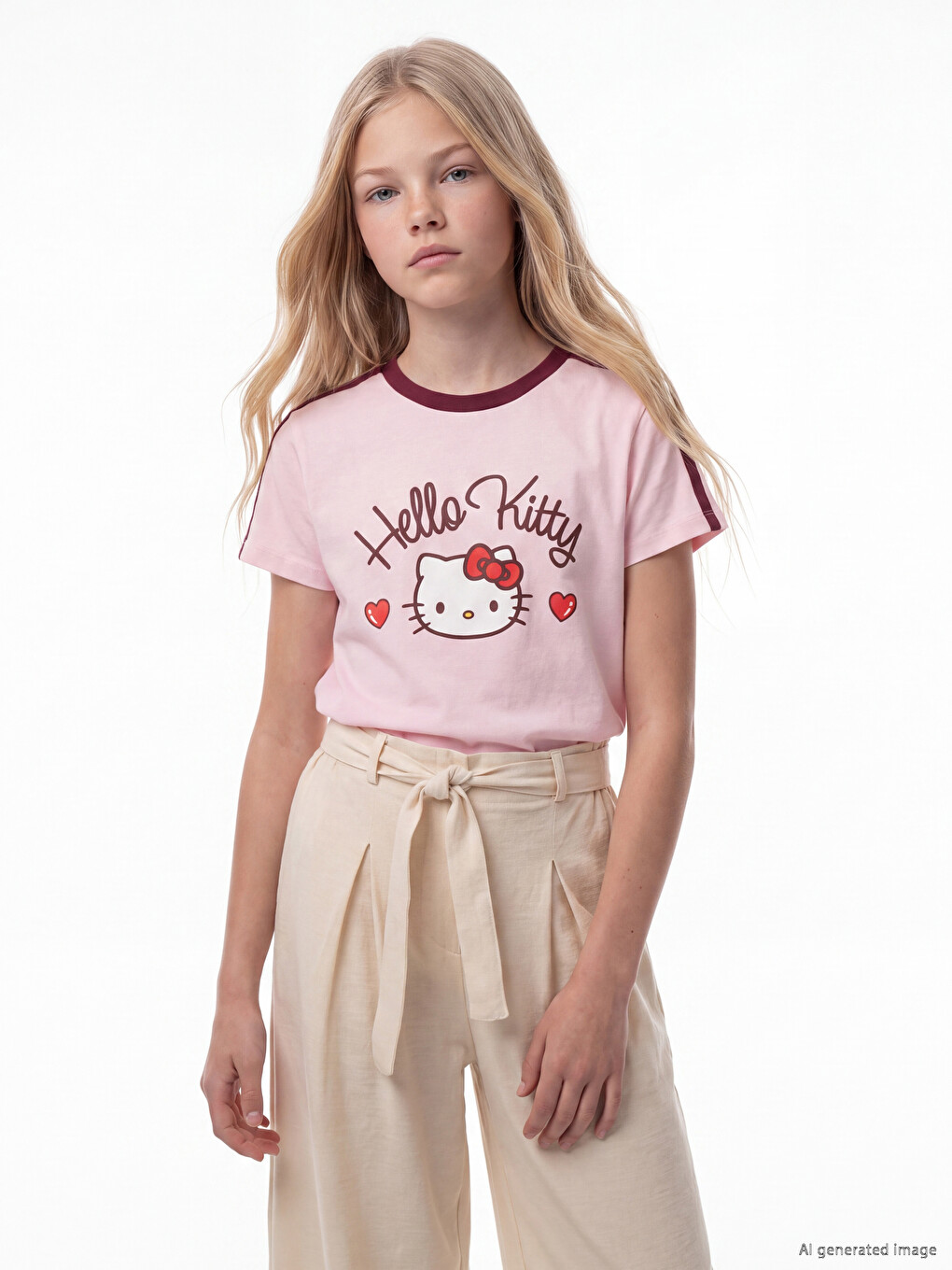 Pembe Bisiklet Yaka Hello Kitty Baskılı Kız Çocuk Tişört