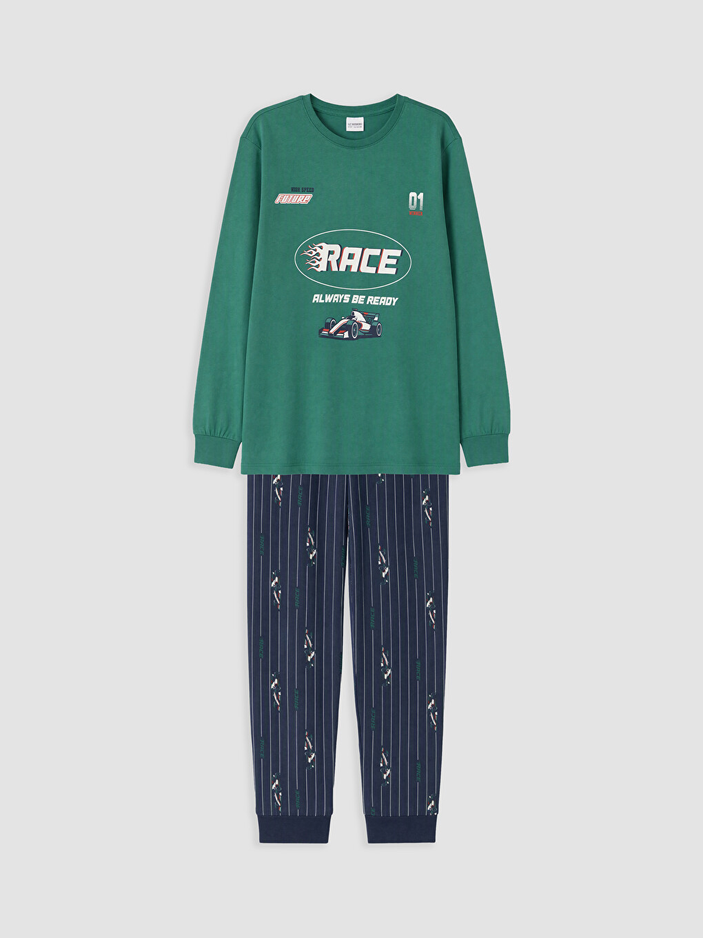 Yeşil Bisiklet Yaka Erkek Çocuk Baskılı Pijama Takım