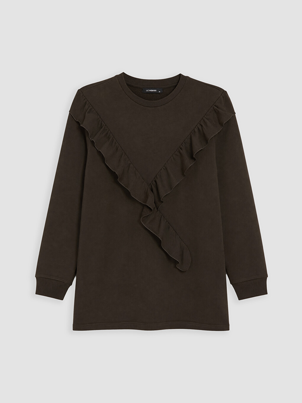 Kahverengi Bisiklet Yaka Fırfırlı Kadın Sweatshirt Tunik-4