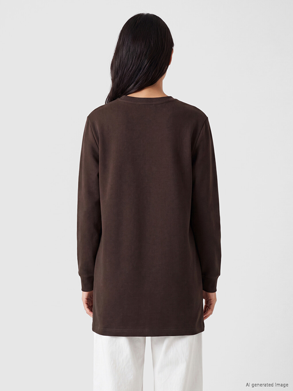 Kahverengi Bisiklet Yaka Fırfırlı Kadın Sweatshirt Tunik-3