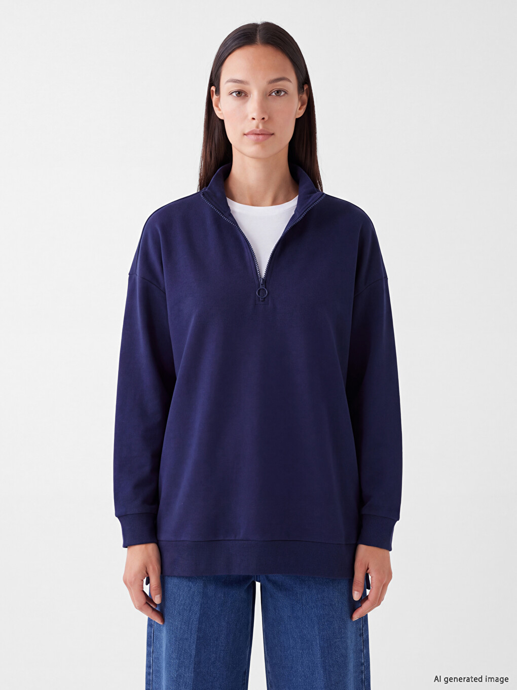 Lacivert Dik Yaka Kadın Sweatshirt Tunik