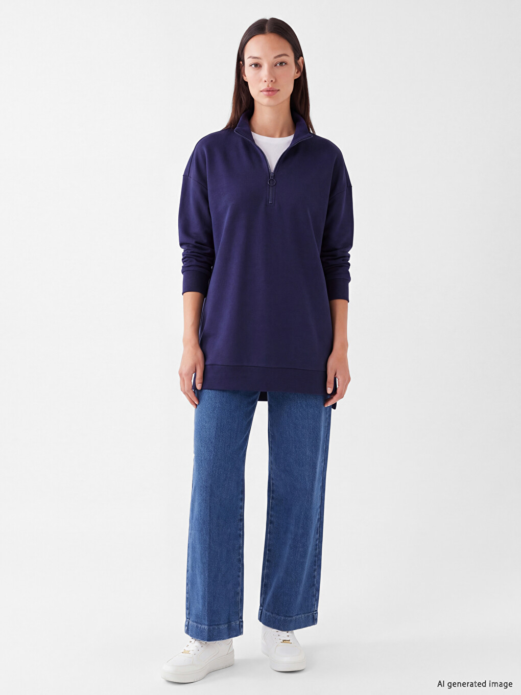 Lacivert Dik Yaka Kadın Sweatshirt Tunik-1