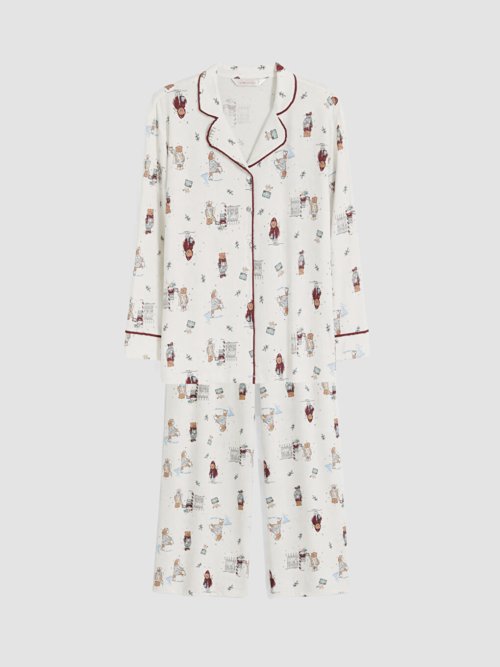 Ekru Gömlek Yaka Desenli Kadın Pijama Takım-4