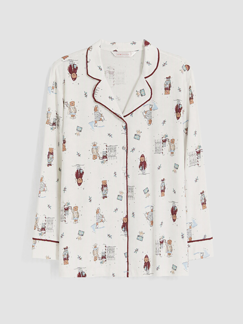 Ekru Gömlek Yaka Desenli Kadın Pijama Takım-5