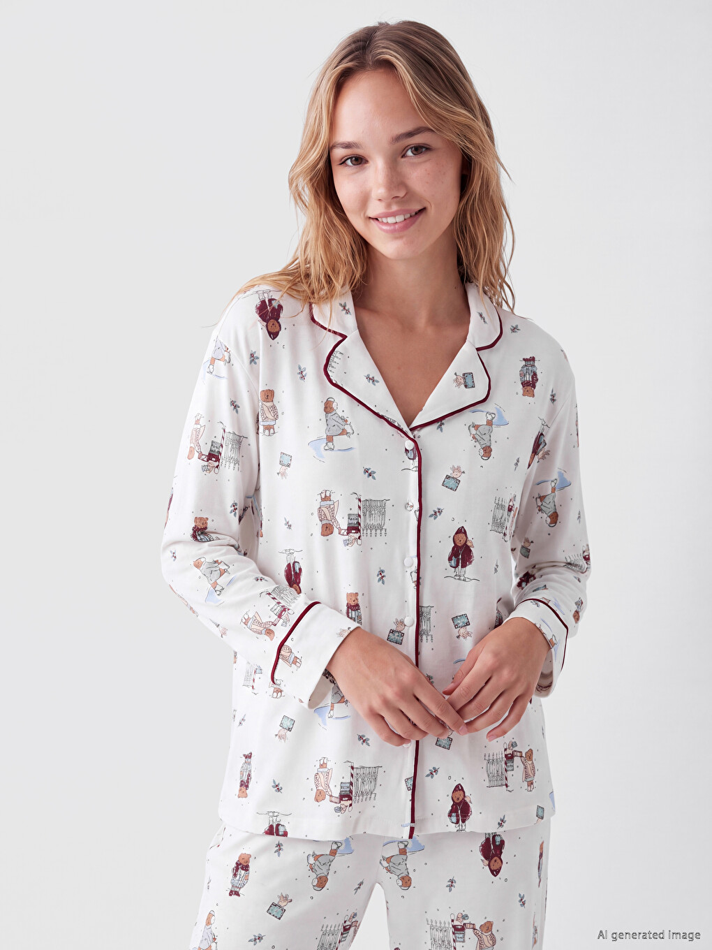 Ekru Gömlek Yaka Desenli Kadın Pijama Takım-1