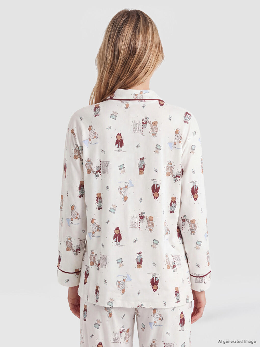 Ekru Gömlek Yaka Desenli Kadın Pijama Takım-3