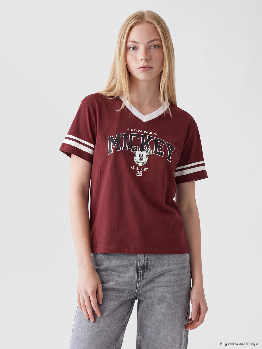 V Neck Mickey Mouse Printed Women's T-shirt