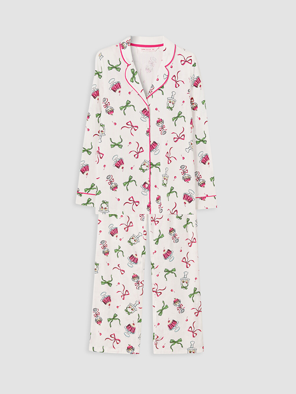 Ekru Gömlek Yaka Desenli Kadın Pijama Takımı