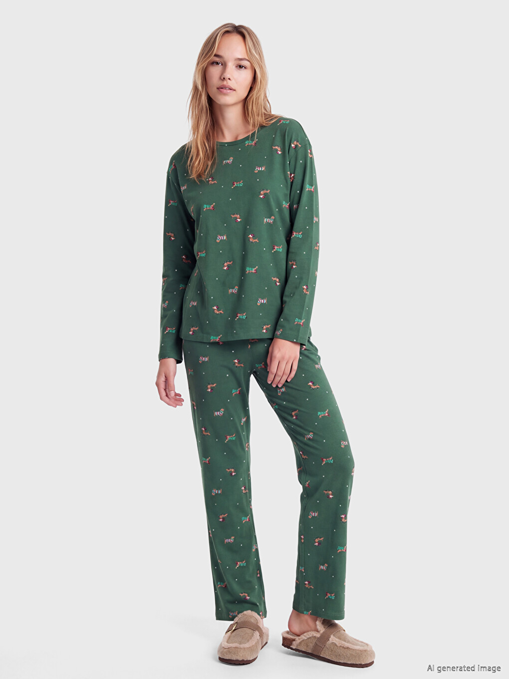 Yeşil Yılbaşı Temalı Kadın Pijama Takımı