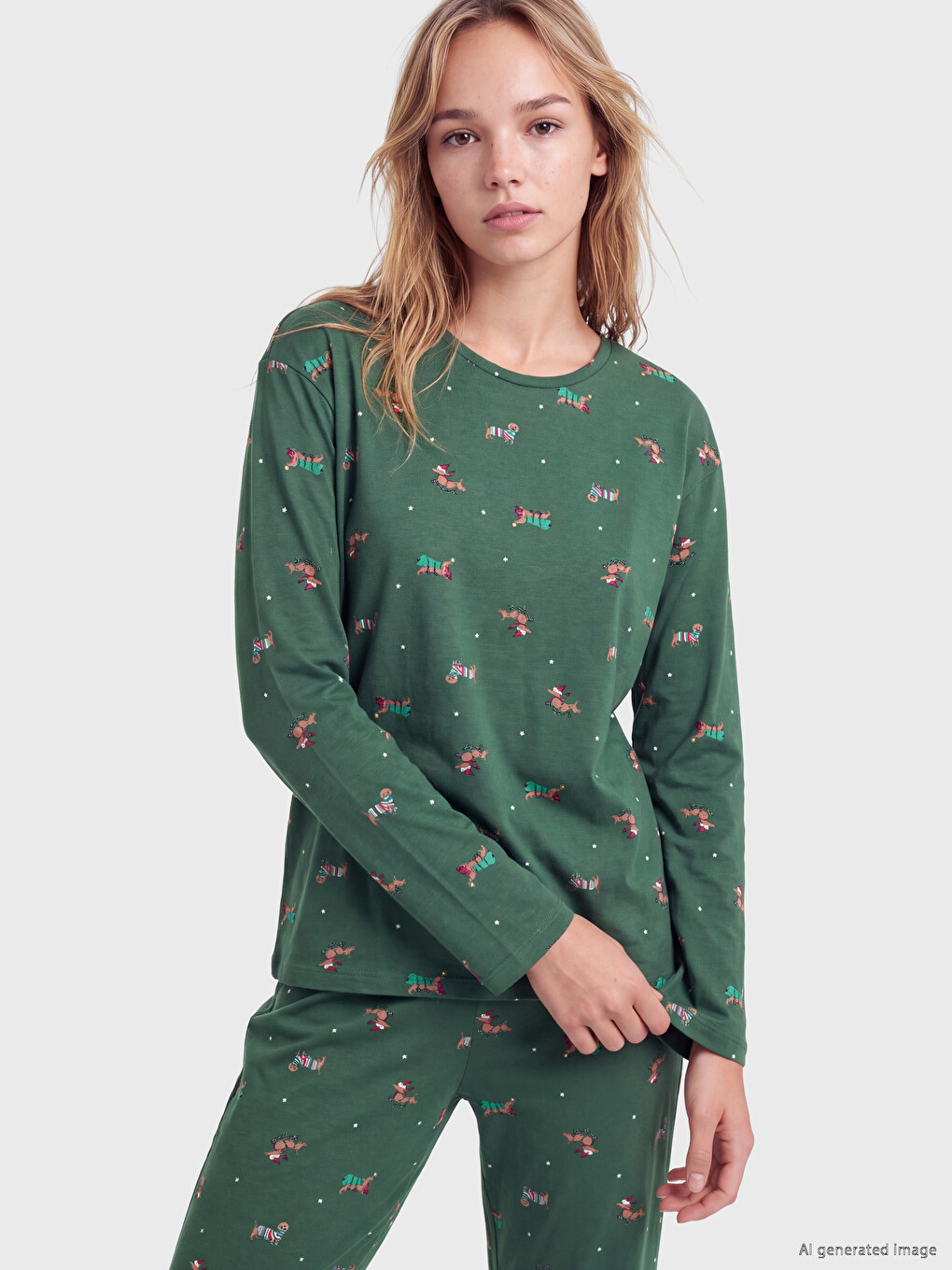Yeşil Yılbaşı Temalı Kadın Pijama Takımı-1