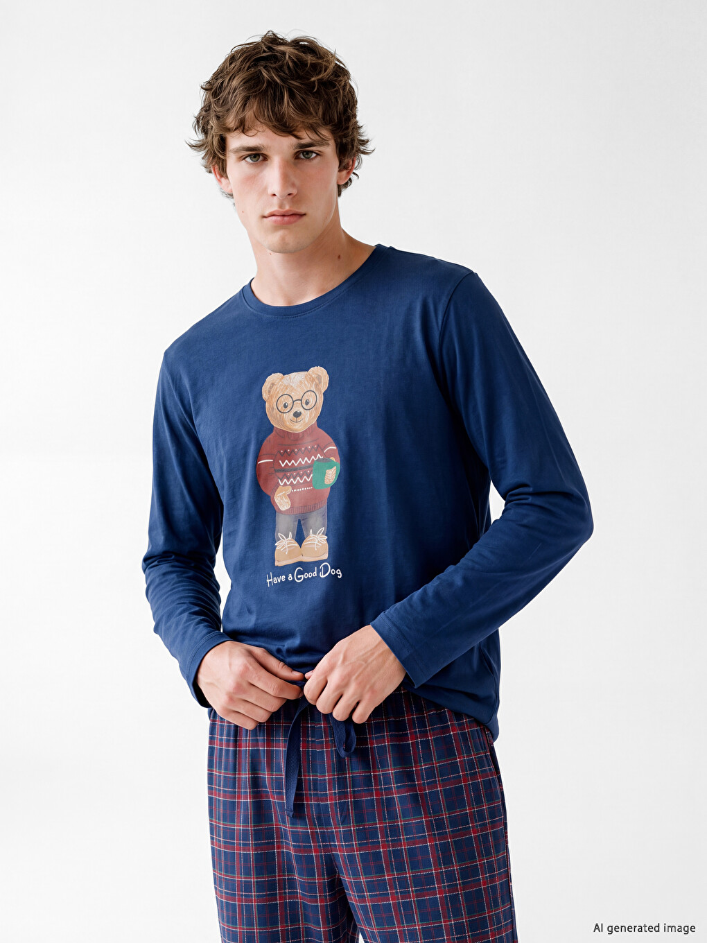 Lacivert Ayı Teddy Baskılı Erkek Pijama Takımı-1