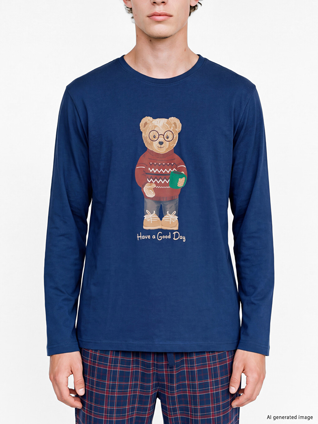 Lacivert Ayı Teddy Baskılı Erkek Pijama Takımı-2